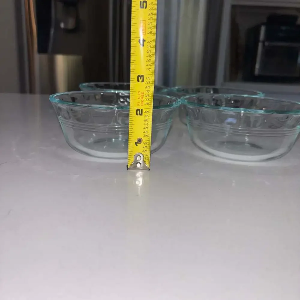 Pyrex 464 10 oz Aqua Glass Scalloped Rim 3 Ring Custard Cups Ramekins (4)